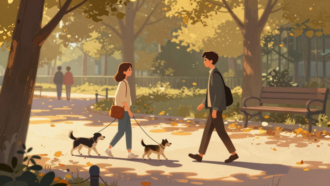 A person nodding to a stranger they see regularly walking their dog in a sunlit park.