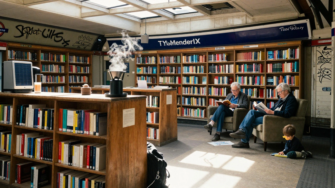 An abandoned subway station turned into a free library with books, chairs, and solar-powered coffee.