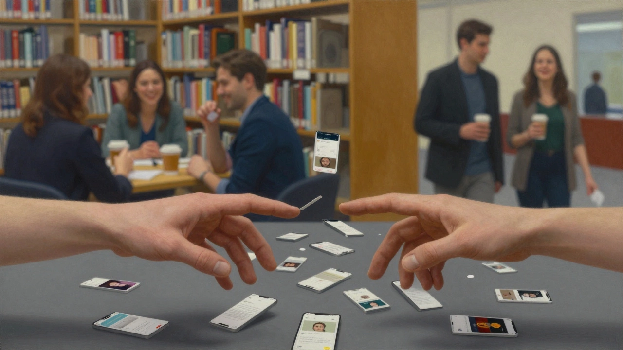 Hands reaching across digital profile fragments toward real human connection in warm natural light.